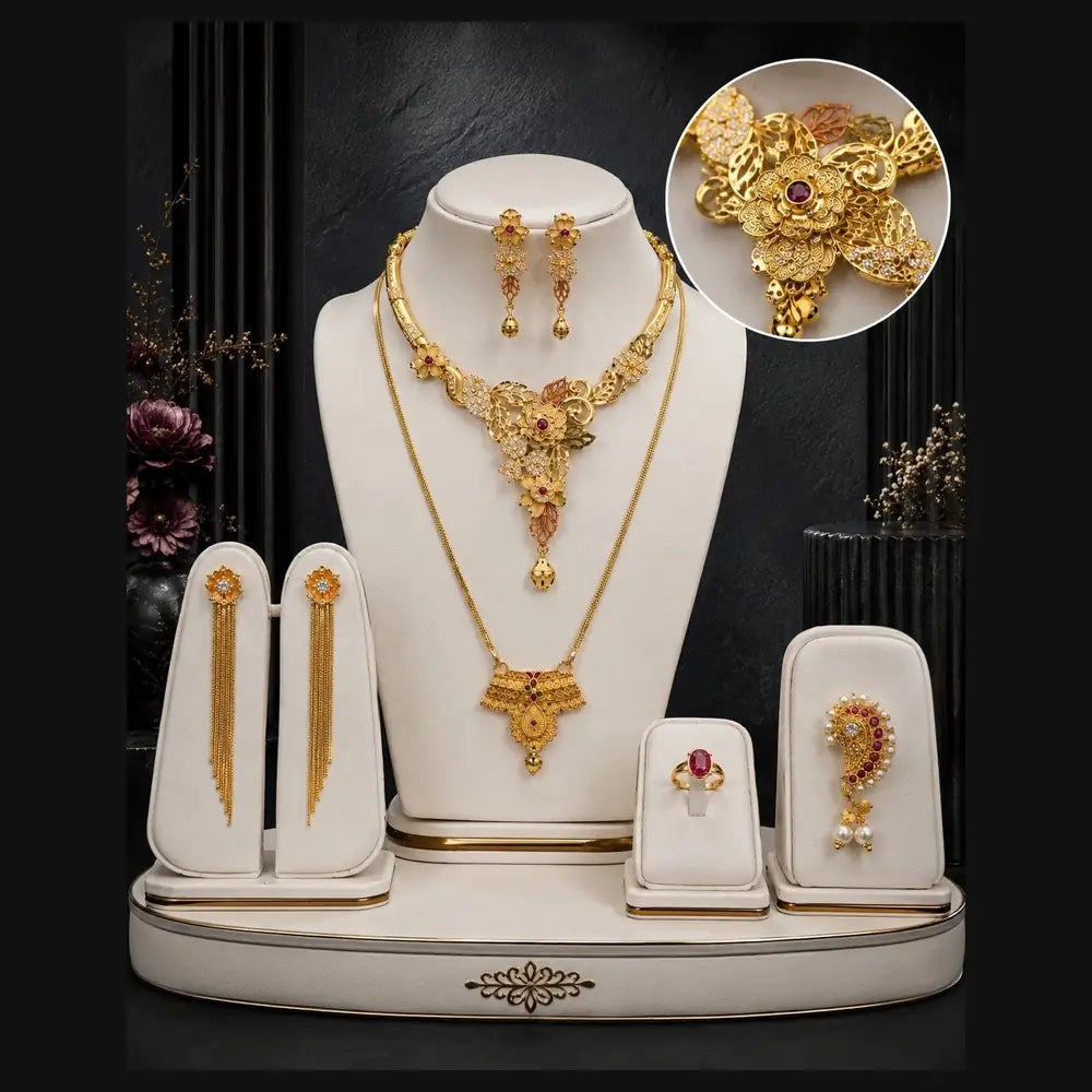 Premium Gram Gold Plated Floral Bridal Jewellery Set with Long Necklace, Choker, Earrings, Long Tassel Earrings, Adjustable Ring & Designer Nose Pin for Women | Wedding & Party Wear | ZHome