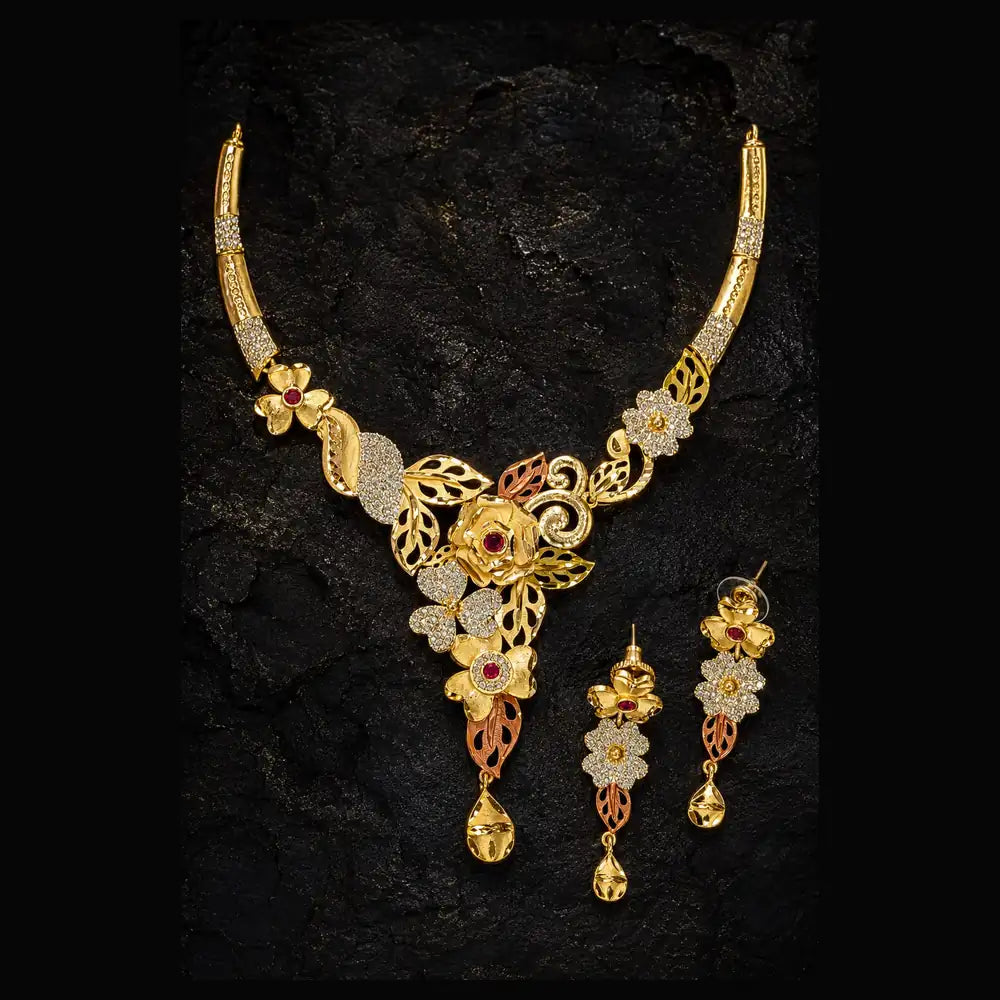 Premium Gram Gold Plated Floral Bridal Jewellery Set with Long Necklace, Choker, Earrings, Long Tassel Earrings, Adjustable Ring & Designer Nose Pin for Women | Wedding & Party Wear | ZHome