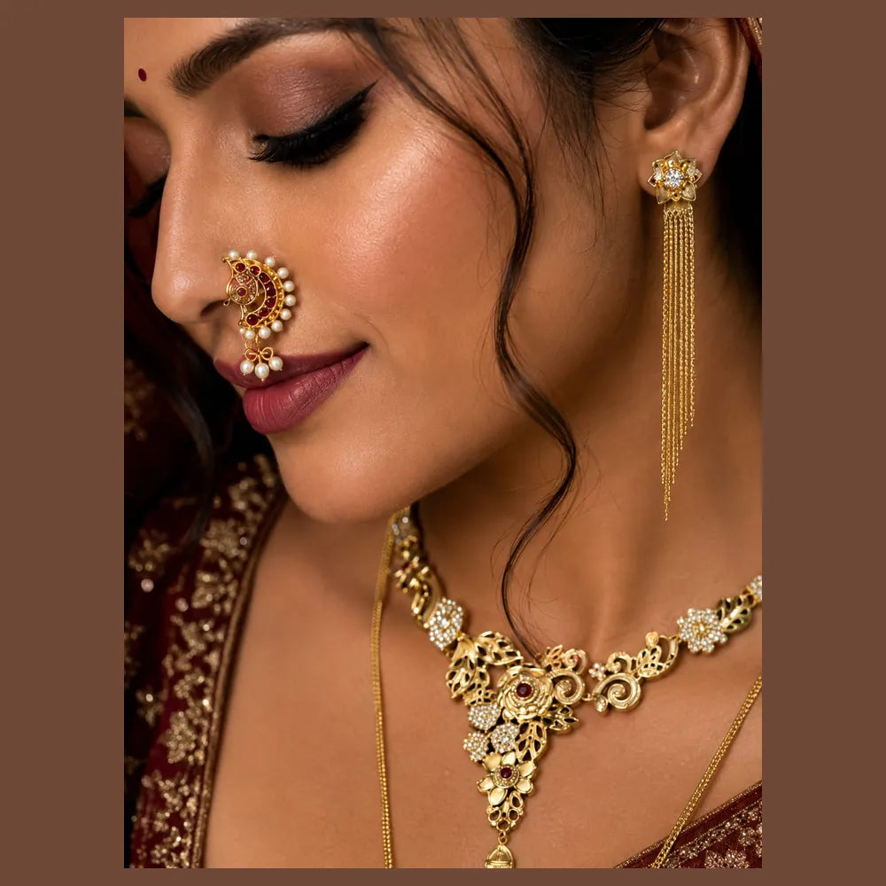 Premium Gram Gold Plated Floral Bridal Jewellery Set with Long Necklace, Choker, Earrings, Long Tassel Earrings, Adjustable Ring & Designer Nose Pin for Women | Wedding & Party Wear | ZHome