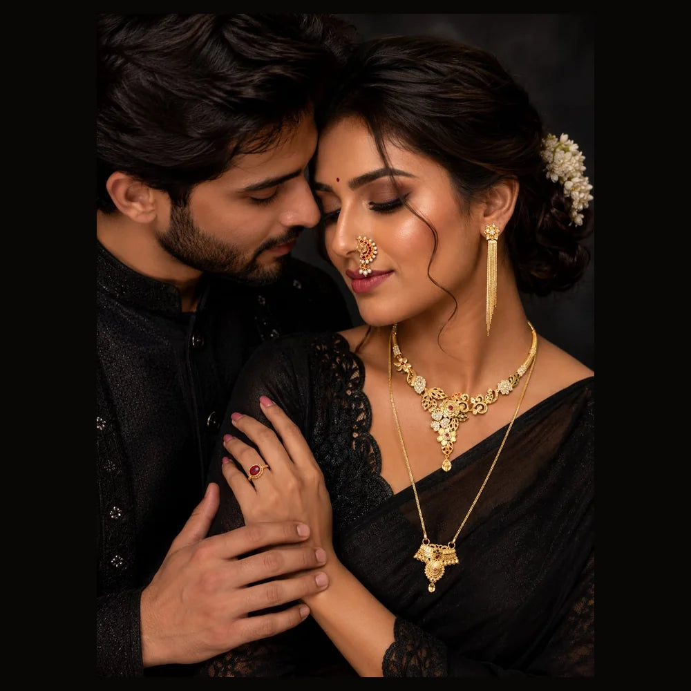 Premium Gram Gold Plated Floral Bridal Jewellery Set with Long Necklace, Choker, Earrings, Long Tassel Earrings, Adjustable Ring & Designer Nose Pin for Women | Wedding & Party Wear | ZHome
