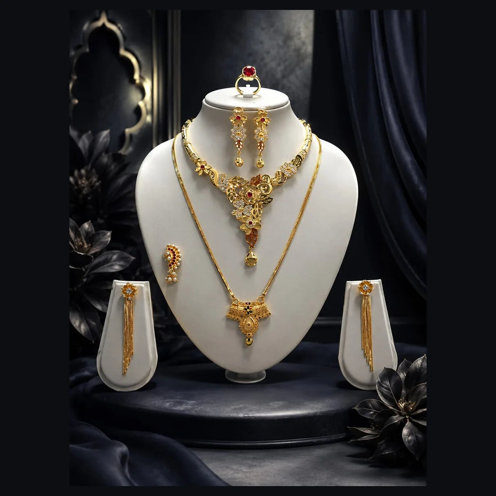 Premium Gram Gold Plated Floral Bridal Jewellery Set with Long Necklace, Choker, Earrings, Long Tassel Earrings, Adjustable Ring & Designer Nose Pin for Women | Wedding & Party Wear | ZHome