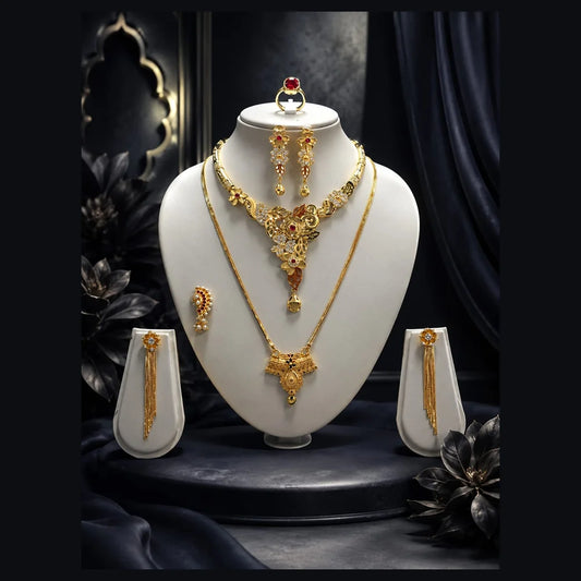 Premium Gram Gold Plated Floral Bridal Jewellery Set with Long Necklace, Choker, Earrings, Long Tassel Earrings, Adjustable Ring & Designer Nose Pin for Women | Wedding & Party Wear | ZHome