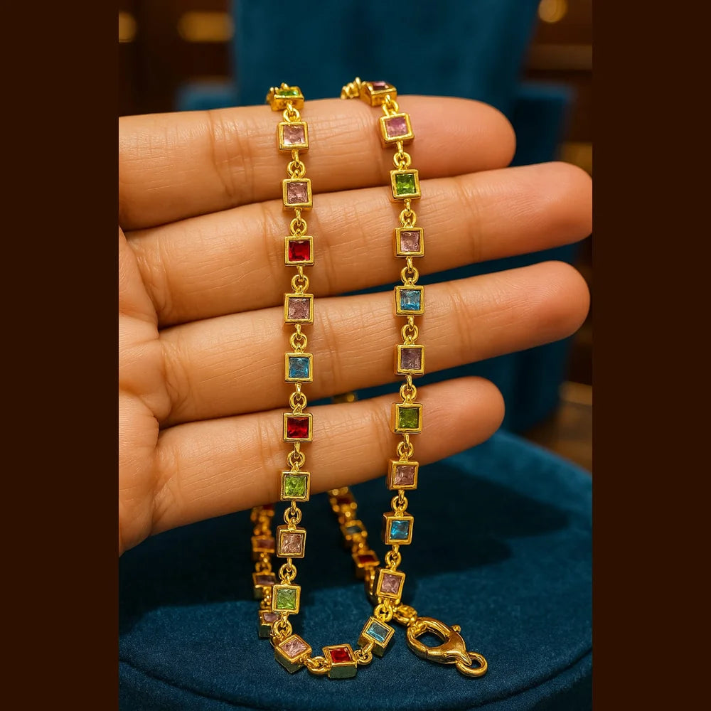 Multicolour Square Stone Necklace – 20" | Handmade Gold Finish Dailywear Chain