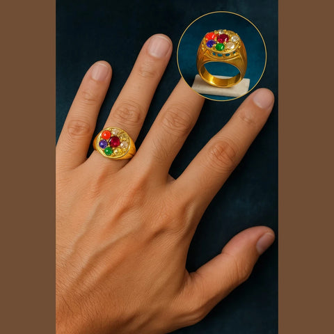 Handmade Navratna Gold Plated Ring for Men – Adjustable with Rubber Spring
