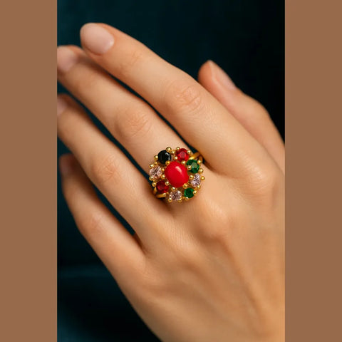 Navratna Gold Plated Statement Ring – Traditional Nine Stone Adjustable Ring