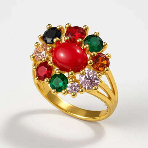 Navratna Gold Plated Statement Ring – Traditional Nine Stone Adjustable Ring