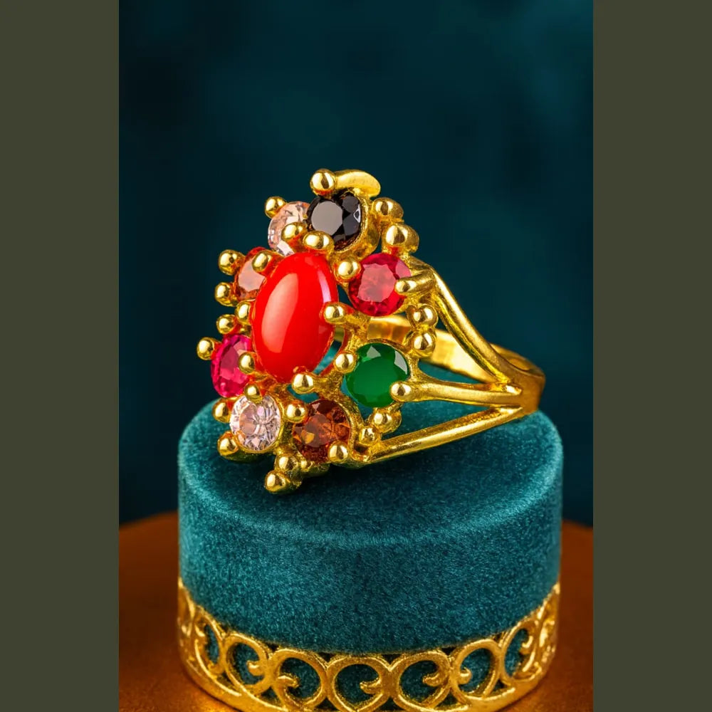 Navratna Gold Plated Statement Ring – Traditional Nine Stone Adjustable Ring