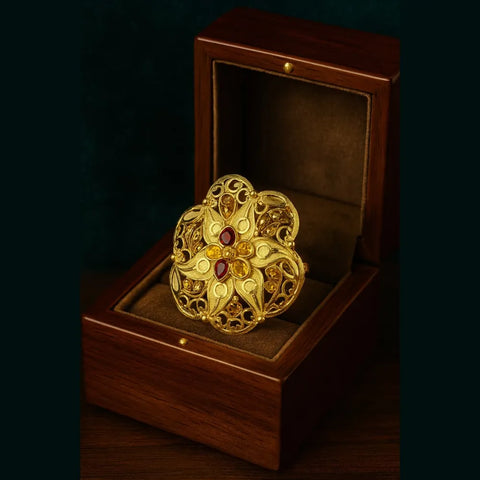Floral Design 1 Gram Gold-Plated Ring – Multicolor Stones, Adjustable Fit