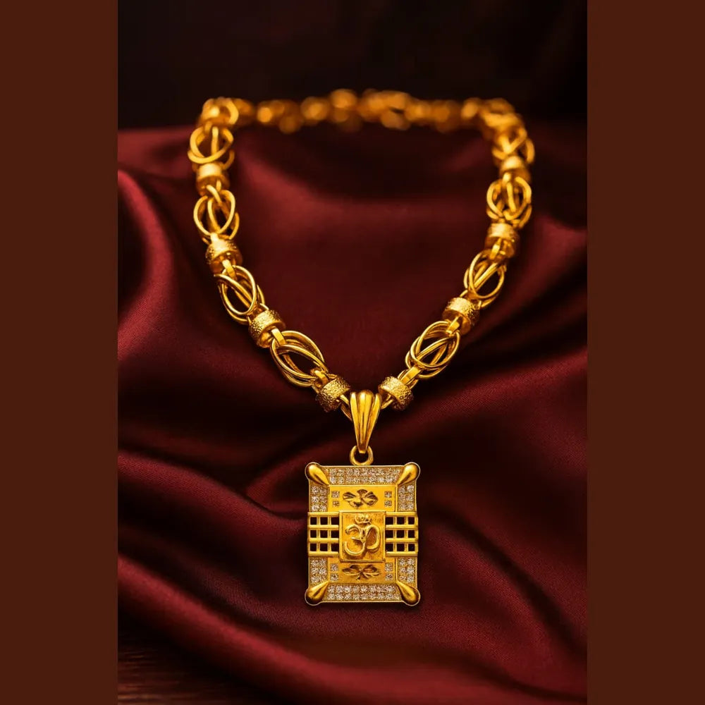 Royal Om Pendant Gold-Plated Chain – 20 Inch | Handmade AD Stone Locket