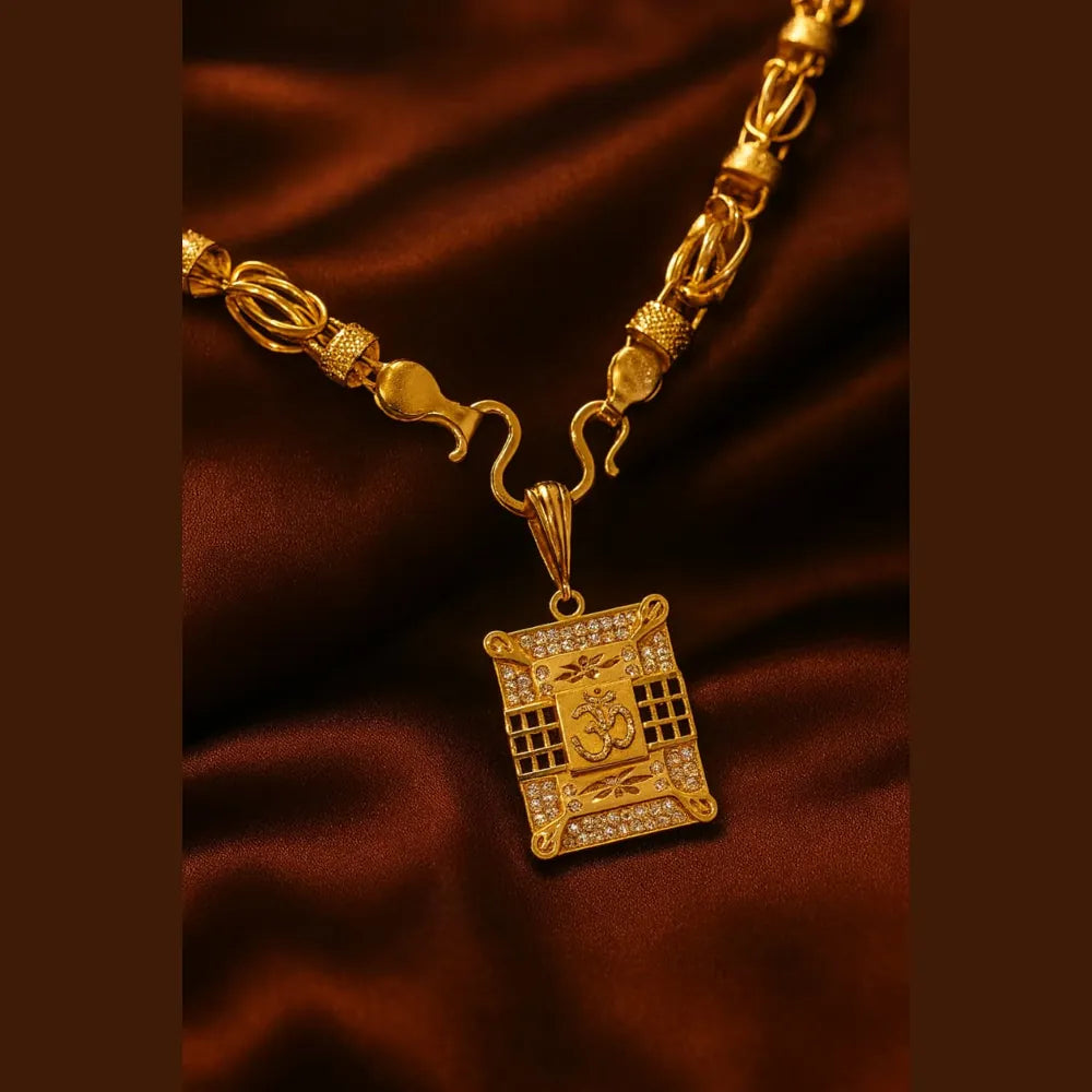 Royal Om Pendant Gold-Plated Chain – 20 Inch | Handmade AD Stone Locket