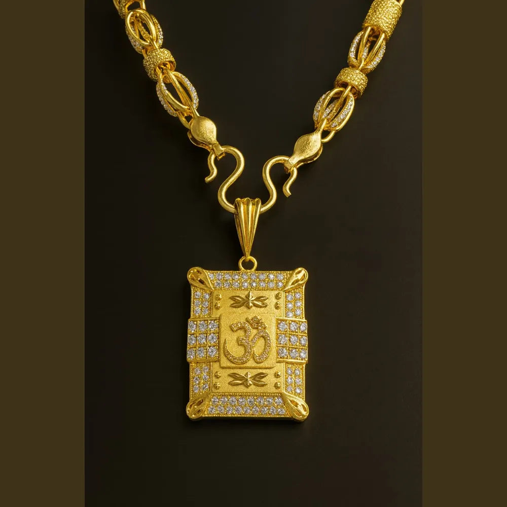 Royal Om Pendant Gold-Plated Chain – 20 Inch | Handmade AD Stone Locket