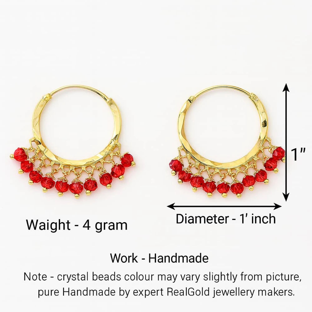 Gold Plated Red Crystal Hoop Earrings – Handmade Brass & Copper