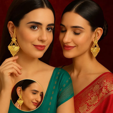 Elegant 22K Gold-Plated Earrings with Matching Maang Tikka – Real Gold Look