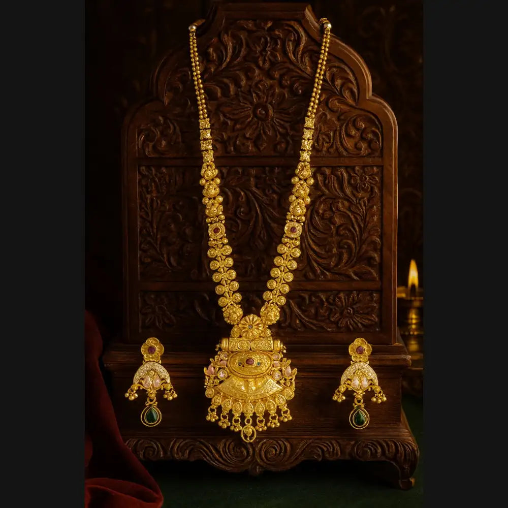 Royal Heritage Gold-Plated Long Necklace Set with Earrings – Handcrafted Bridal Jewelry