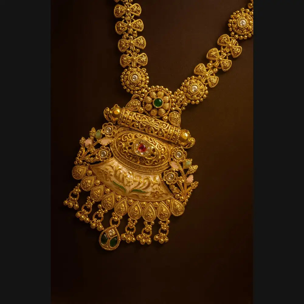 Royal Heritage Gold-Plated Long Necklace Set with Earrings – Handcrafted Bridal Jewelry