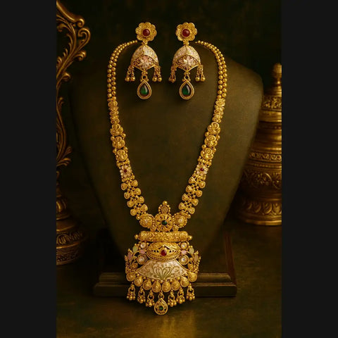Royal Heritage Gold-Plated Long Necklace Set with Earrings – Handcrafted Bridal Jewelry