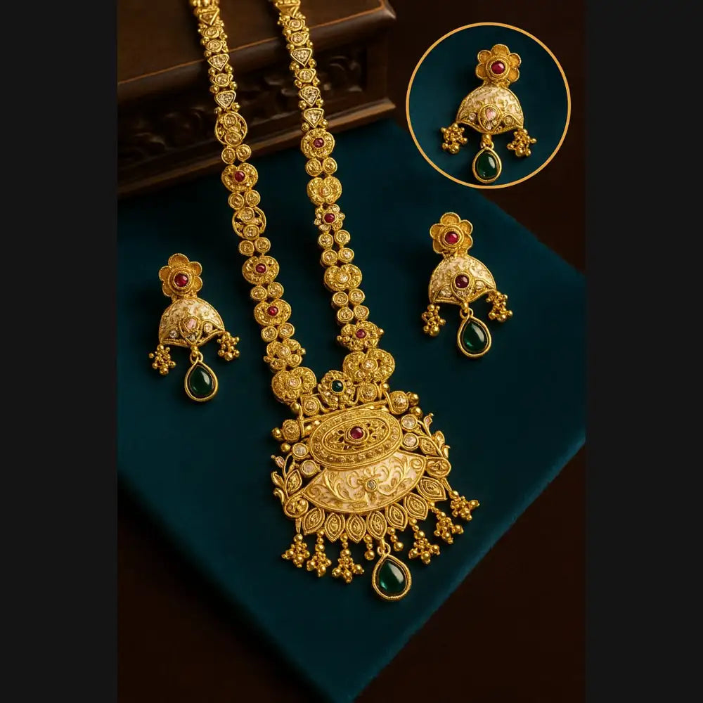 Royal Heritage Gold-Plated Long Necklace Set with Earrings – Handcrafted Bridal Jewelry