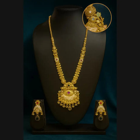 Royal Heritage Gold-Plated Long Necklace Set with Earrings – Handcrafted Bridal Jewelry