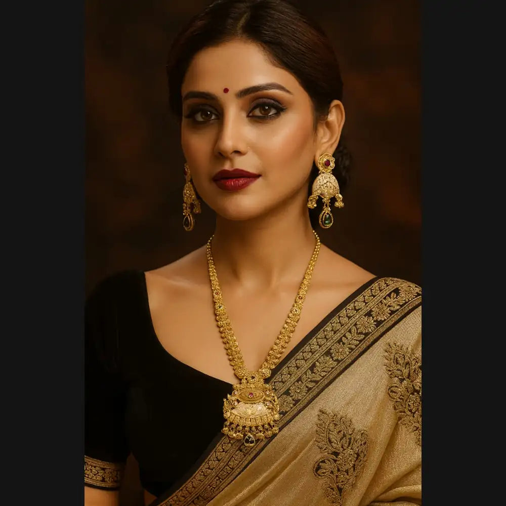 Royal Heritage Gold-Plated Long Necklace Set with Earrings – Handcrafted Bridal Jewelry