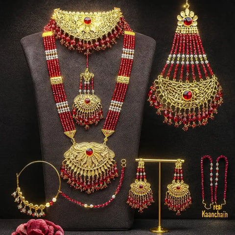 Bridal Red Beaded Gold Plated Jewellery Set – Necklace, Earrings & Maang Tikka