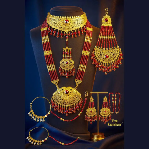 Bridal Red Beaded Gold Plated Jewellery Set – Necklace, Earrings & Maang Tikka