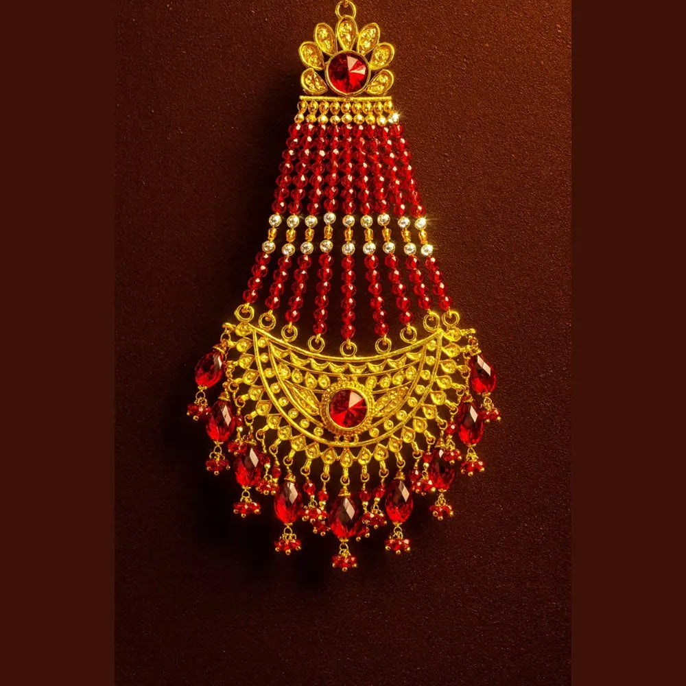 Bridal Red Beaded Gold Plated Jewellery Set – Necklace, Earrings & Maang Tikka
