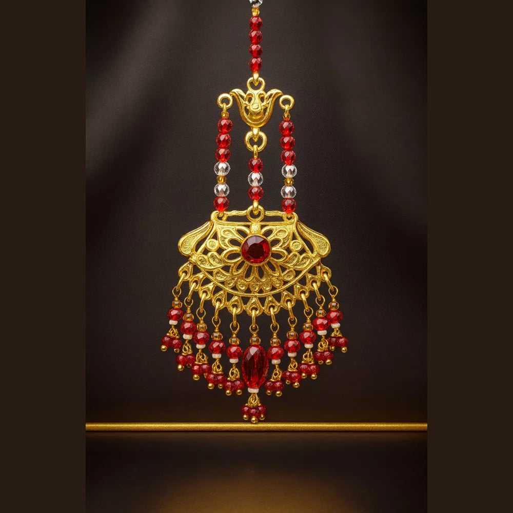 Bridal Red Beaded Gold Plated Jewellery Set – Necklace, Earrings & Maang Tikka