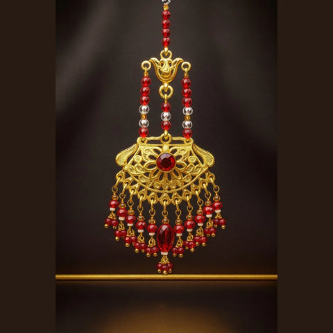 Bridal Red Beaded Gold Plated Jewellery Set – Necklace, Earrings & Maang Tikka