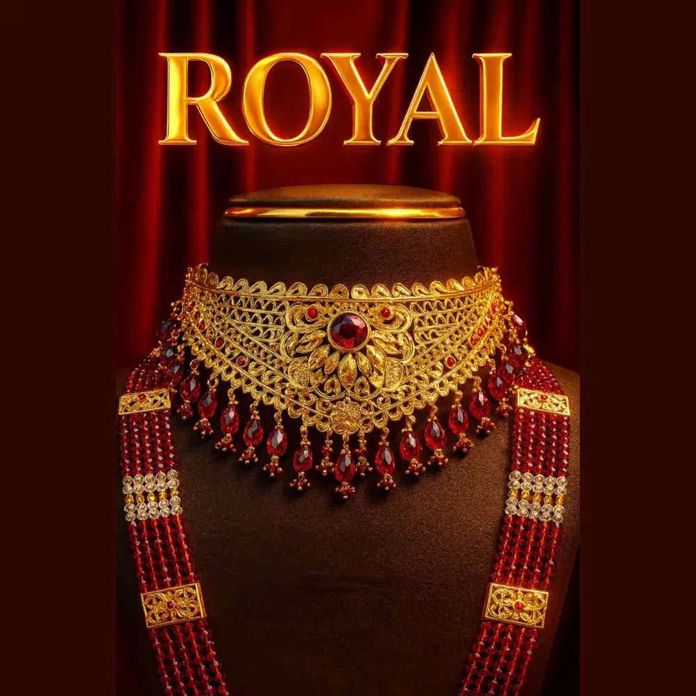 Bridal Red Beaded Gold Plated Jewellery Set – Necklace, Earrings & Maang Tikka