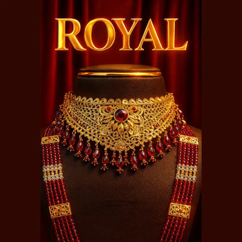 Bridal Red Beaded Gold Plated Jewellery Set – Necklace, Earrings & Maang Tikka