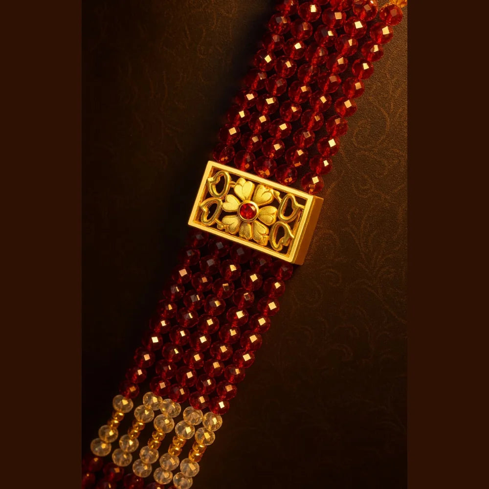 Bridal Red Beaded Gold Plated Jewellery Set – Necklace, Earrings & Maang Tikka