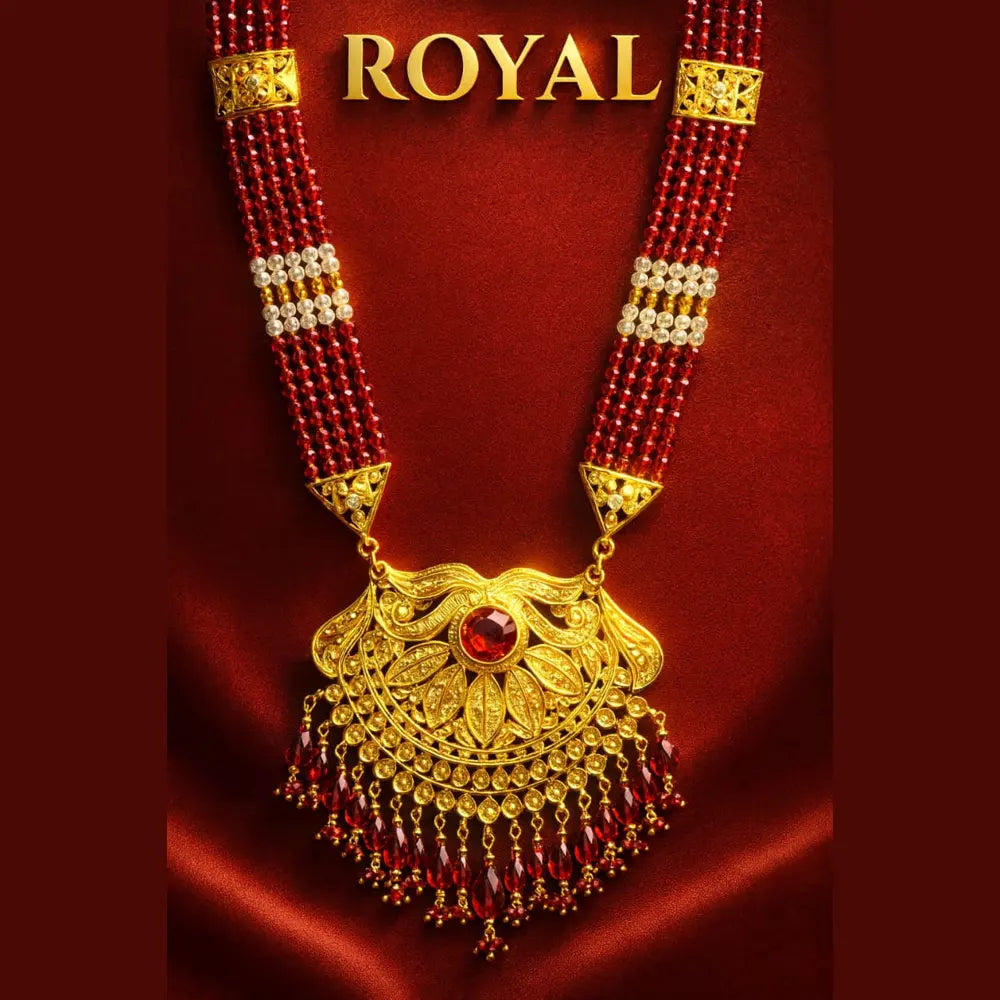 Bridal Red Beaded Gold Plated Jewellery Set – Necklace, Earrings & Maang Tikka