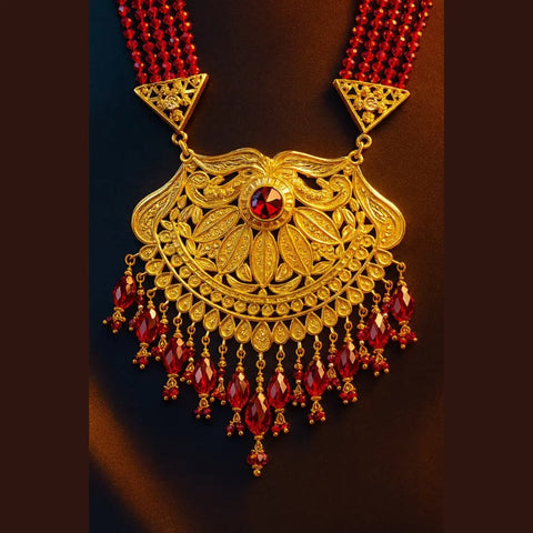 Bridal Red Beaded Gold Plated Jewellery Set – Necklace, Earrings & Maang Tikka