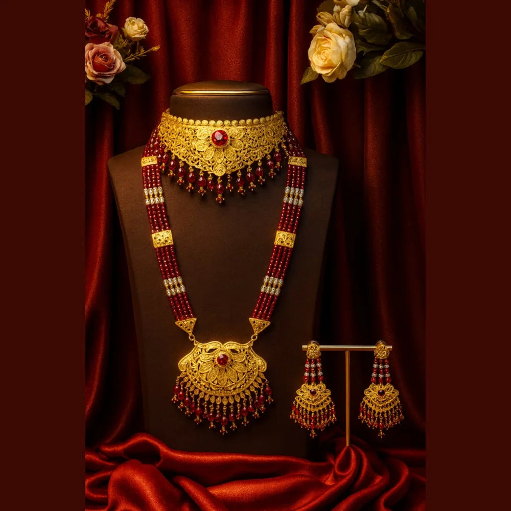 Product image of Bridal Red Beaded Gold Plated Jewellery Set – Necklace, Earrings & Maang Tikka – image 1