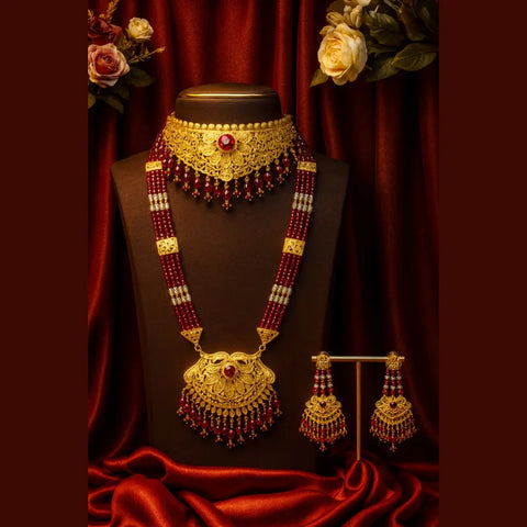 Bridal Red Beaded Gold Plated Jewellery Set – Necklace, Earrings & Maang Tikka