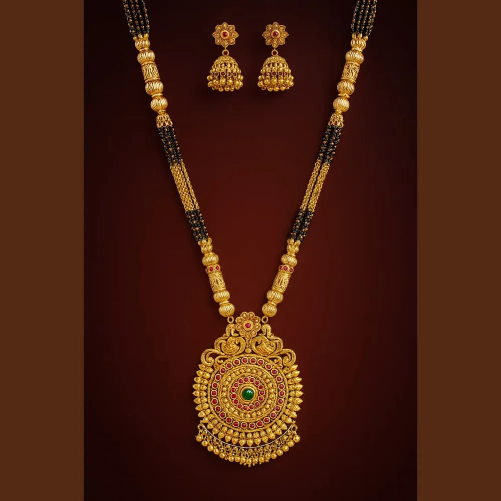 Temple Style Gold Mangalsutra Necklace Set with Earrings
