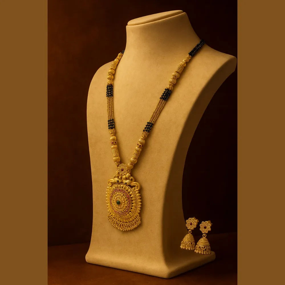 Temple Style Gold Mangalsutra Necklace Set with Earrings