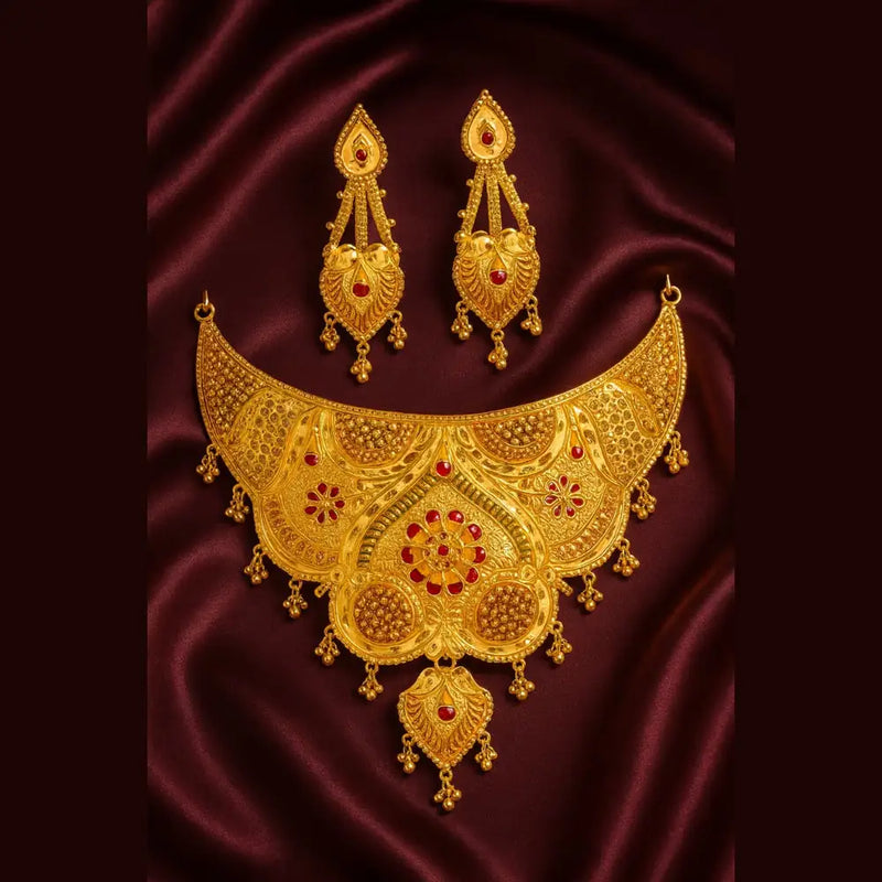 Bridal OneGram Gold Necklace Set with Earrings — Red Stone Work