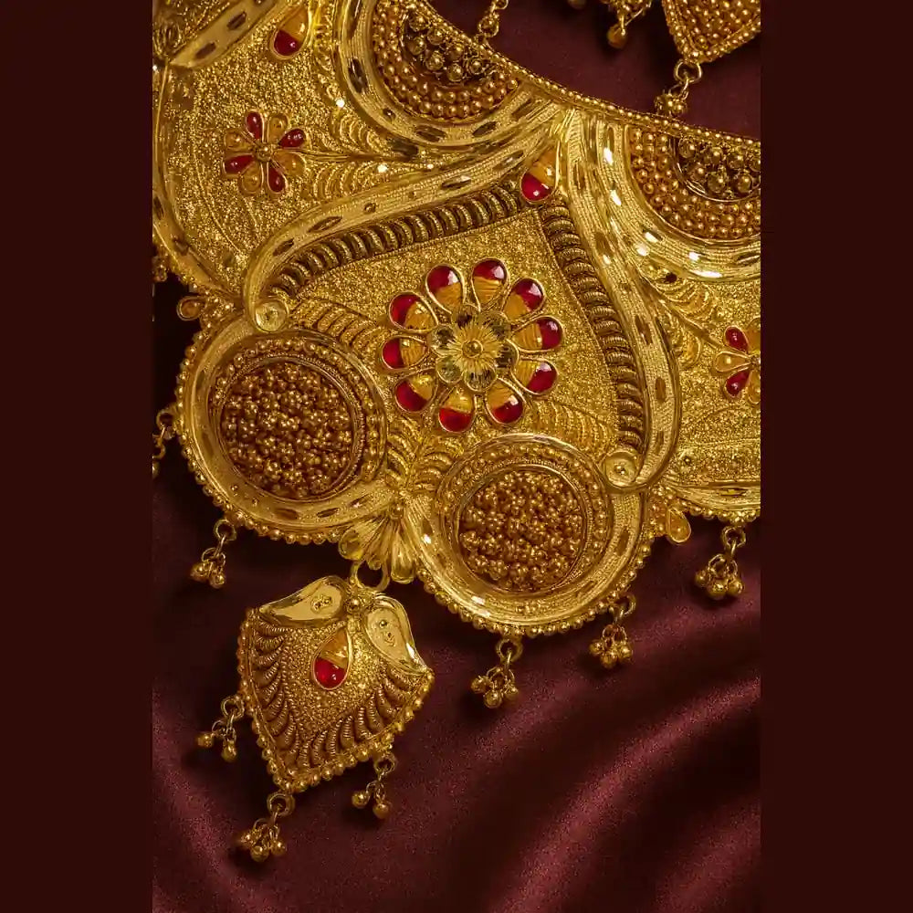 Bridal OneGram Gold Necklace Set with Earrings — Red Stone Work