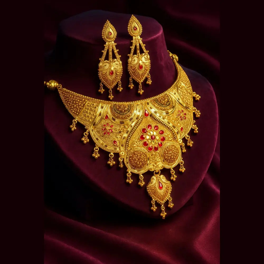 Bridal OneGram Gold Necklace Set with Earrings — Red Stone Work