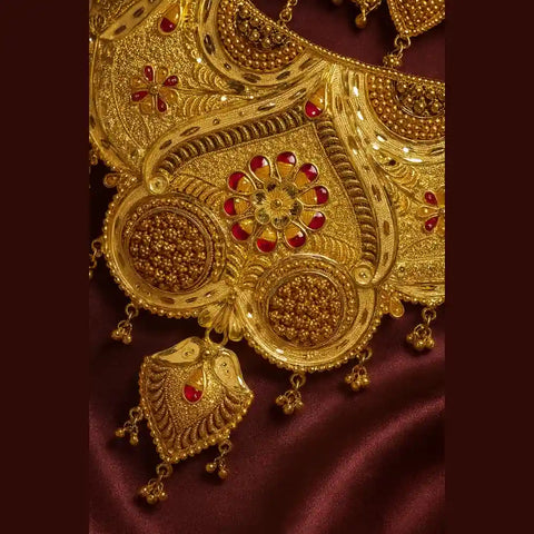 Bridal OneGram Gold Necklace Set with Earrings — Red Stone Work