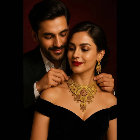 Bridal OneGram Gold Necklace Set with Earrings — Red Stone Work