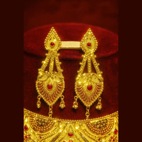 Bridal OneGram Gold Necklace Set with Earrings — Red Stone Work