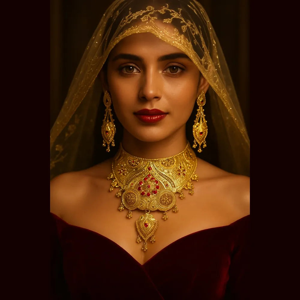 Bridal OneGram Gold Necklace Set with Earrings — Red Stone Work