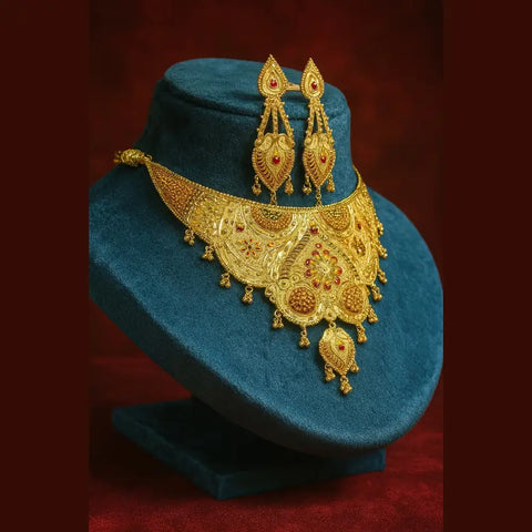 Bridal OneGram Gold Necklace Set with Earrings — Red Stone Work