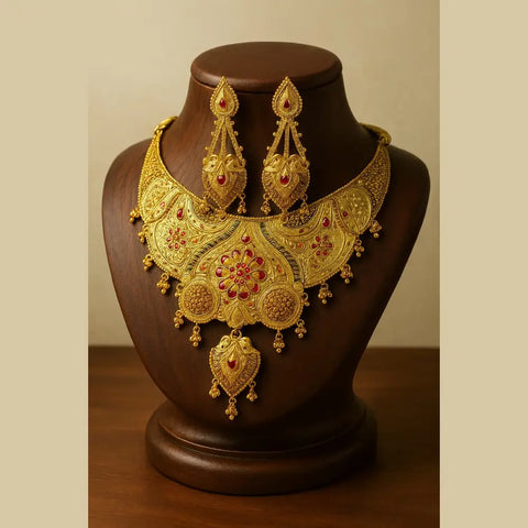Bridal OneGram Gold Necklace Set with Earrings — Red Stone Work