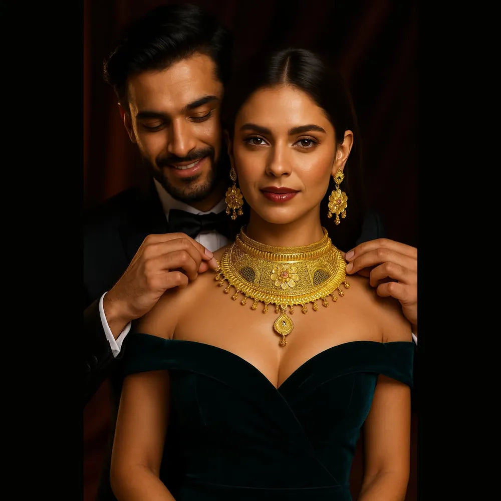 Bridal OneGram Gold Necklace Set with Earrings — Red Stone Work