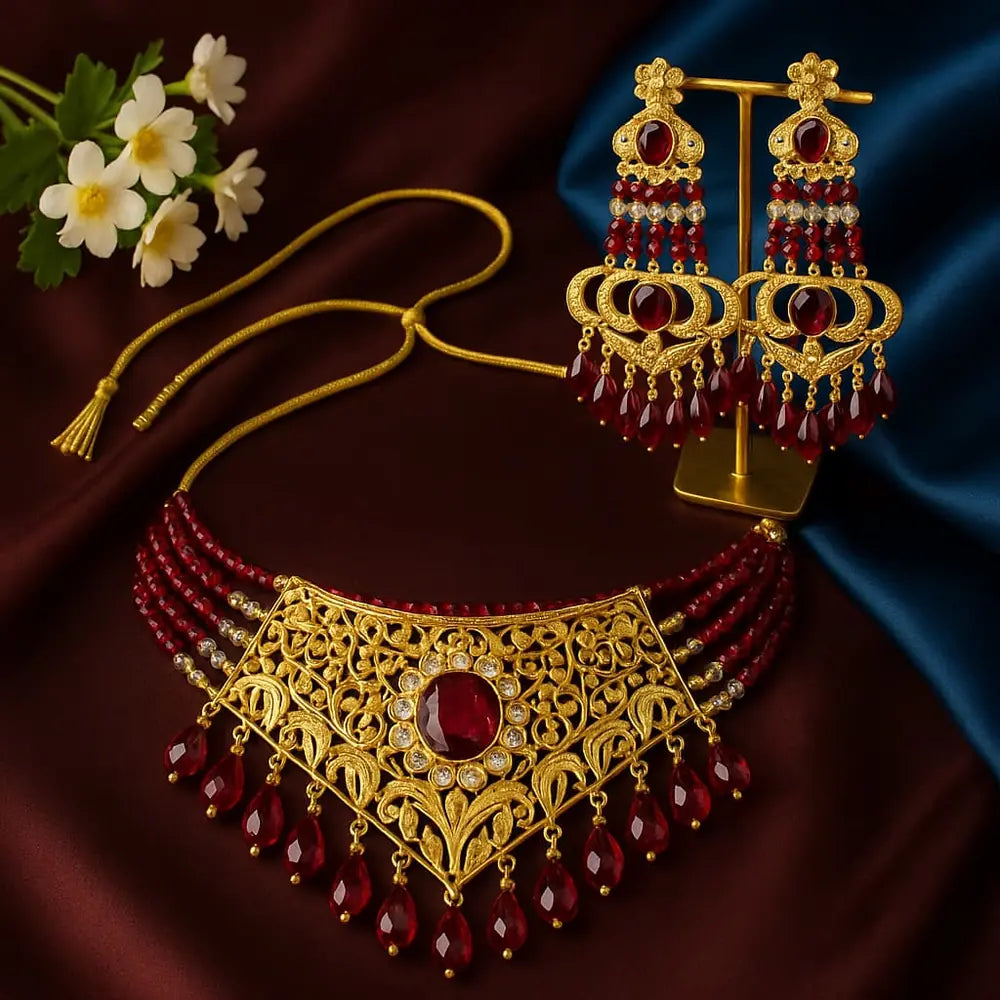 Product image of Royal Maroon & Gold Designer Choker Set — Handmade Red Stone Choker with Earrings – image 1