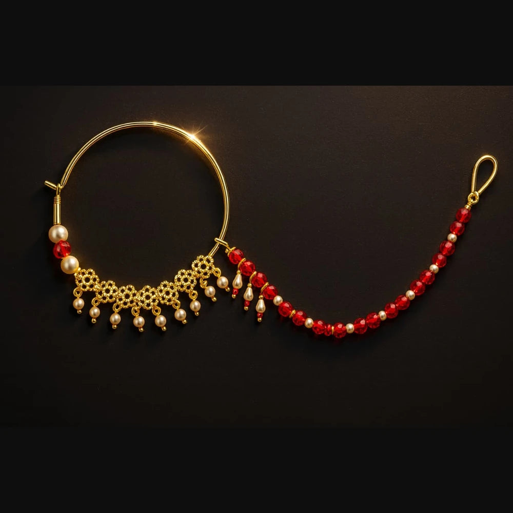 Bridal Gold-Plated Nose Ring with Pearls & Red Beads (Nath with Lari)