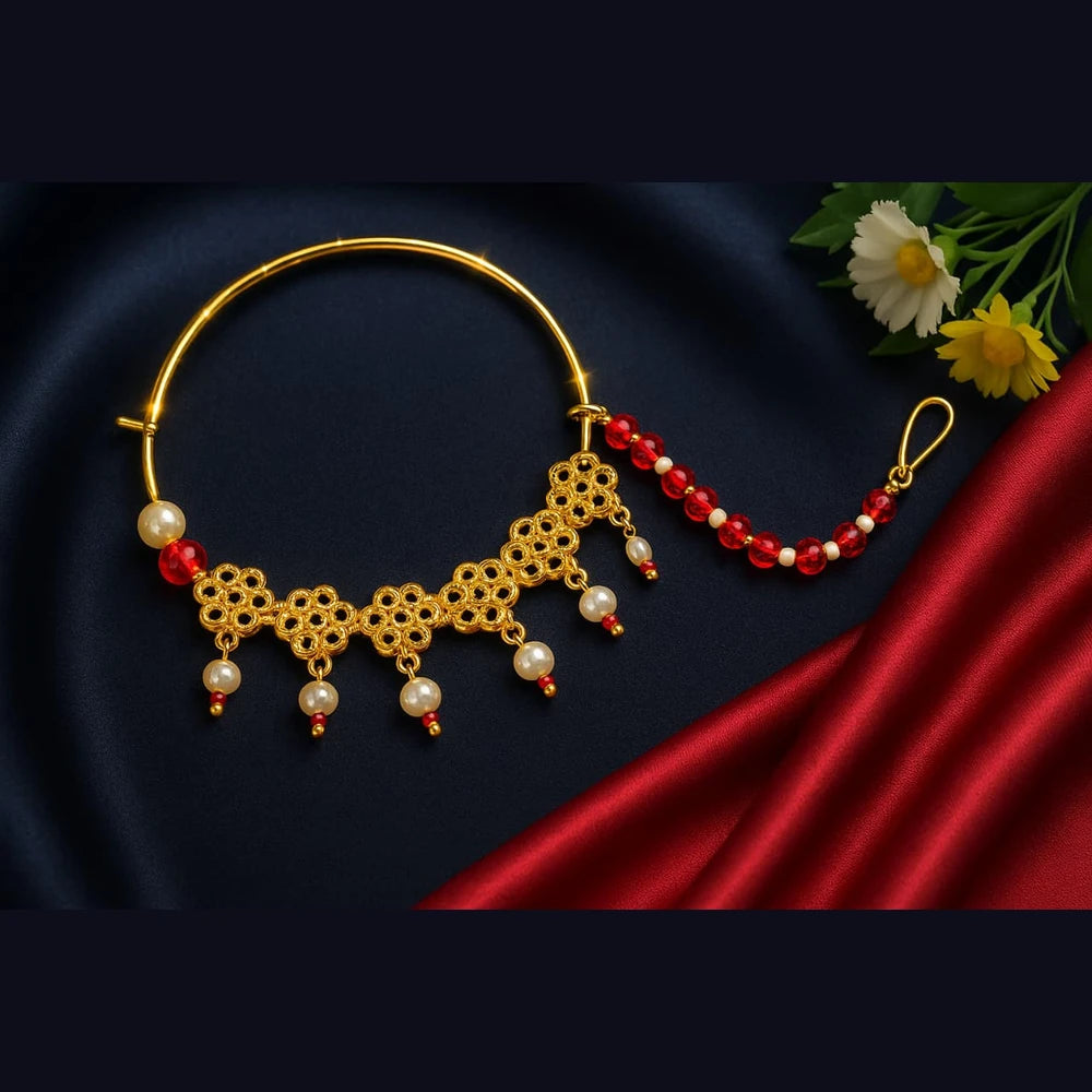 Bridal Gold-Plated Nose Ring with Pearls & Red Beads (Nath with Lari)